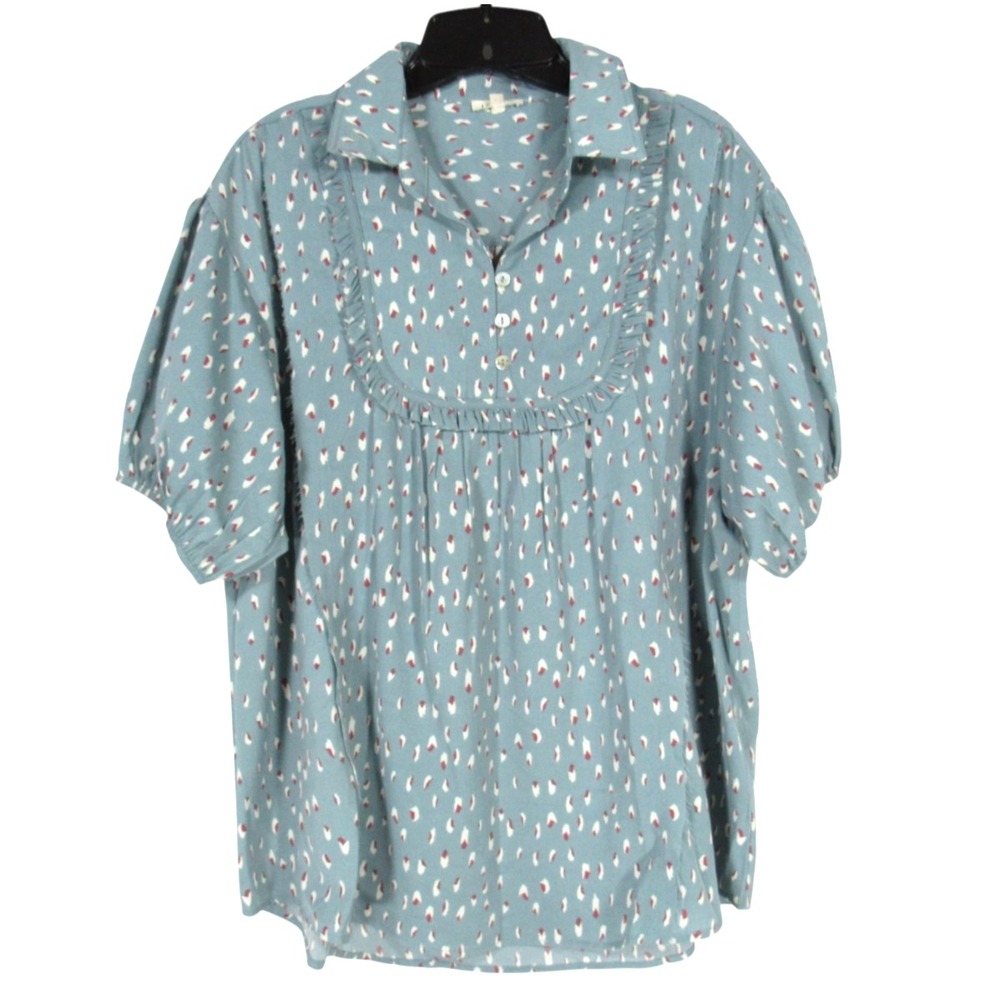 JODIFL Lightweight CREPE Green CONFETTI PATTERN Ruffle Trim PLEATED Blouse/Top S